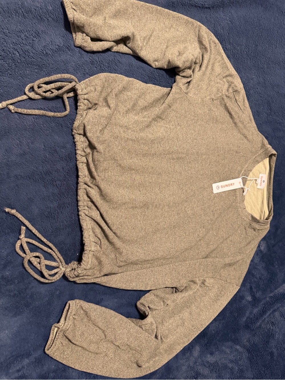 Sundry Taupe Crewneck Drawstring Hem Sweater